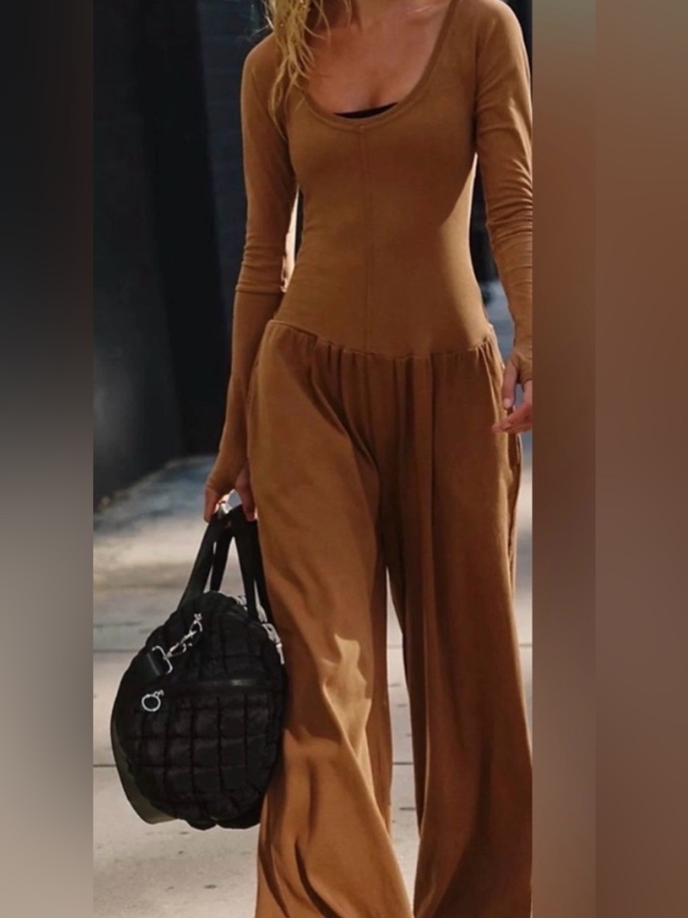 Free People Hot Shot Onesie XS Camel Brown Wide Leg Lounge Jumpsuit RARE